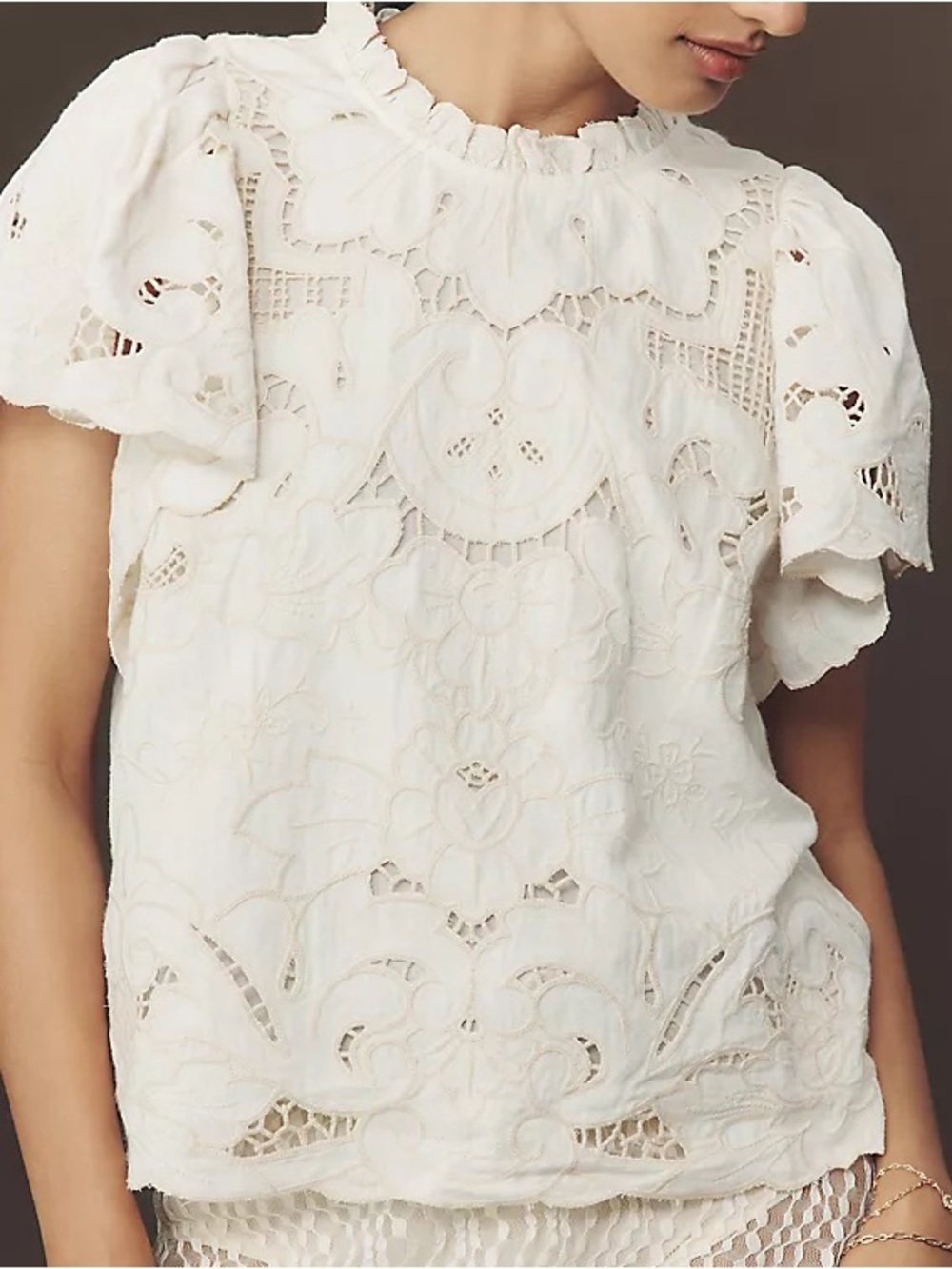 By Anthropologie Lainie High-Neck Lace Cutwork Blouse Womens Size XL Linen-Blend
